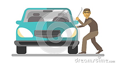 Man thief breaking car door isolated on white Vector Illustration