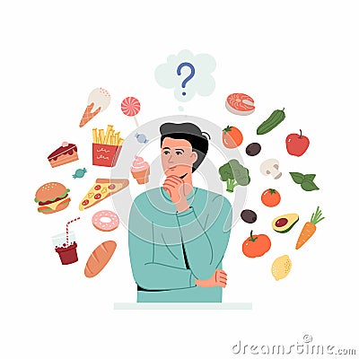 Man think about healthy and unhealthy food. Young man surrounded by fruits and vegetables by one side and fast-food and sweets Vector Illustration