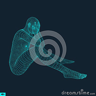 Man in a Thinker Pose. 3D Model of Man. Geometric Design. Human Body Wire Model. Business, Science, Psychology or Philosophy Vector Illustration
