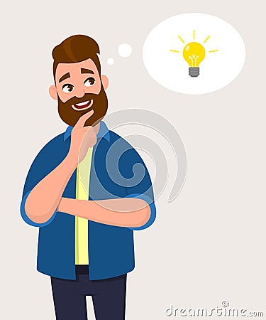 Man thinking for bulb icon or symbol with smile.Idea, innovation or initiation concept. Vector Illustration