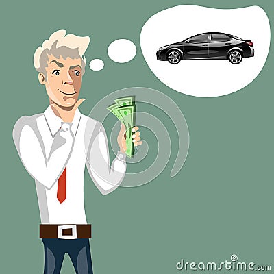 Man thinking of choice. Money for spending. Vector Illustration