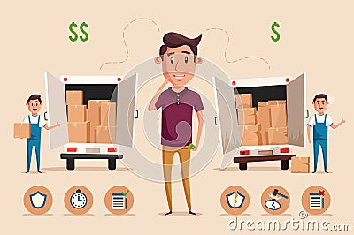 Man thinking of choice. Money for spending. Vectro cartoon illustration Vector Illustration