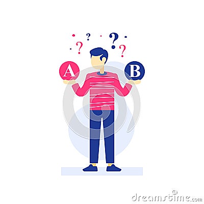 Man thinking, decision making, difficult choice, choose between two options, considering alternative Cartoon Illustration