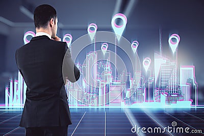Man thinking on geolocation concept background Stock Photo