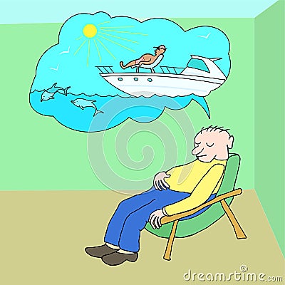 Man thinking about sailing on yacht, imagines future rest. Vector illustration of dreamy person Vector Illustration