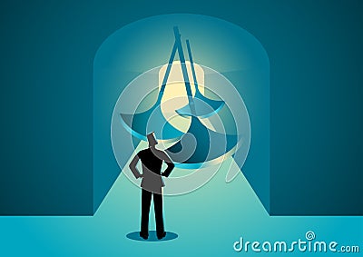 Man thinking to pass through a tunnel with swinging blades Vector Illustration