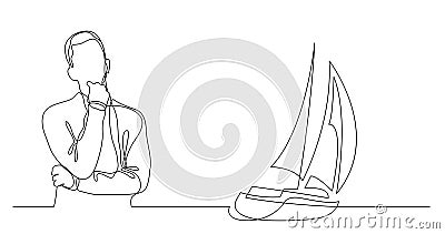 Man thinking about vacation on sailing boat - continuous line drawing Stock Photo
