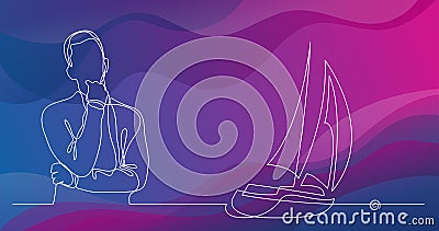 Man thinking about vacation on sailing boat - continuous line drawing Vector Illustration