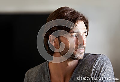 Man, thinking and vision of future, home and ideas while planning for vacation, holiday and trip. Mockup, guy and eyes Stock Photo