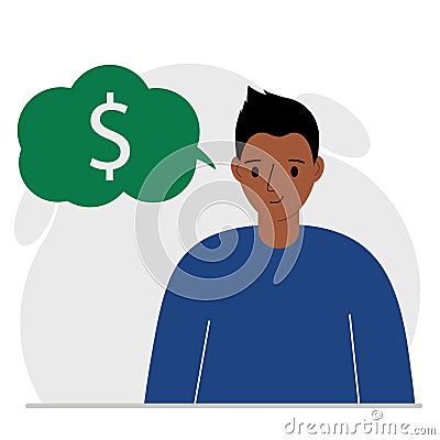 A man thinks about financial success and income opportunities. A man thinks about money. Income, profit, financial Vector Illustration