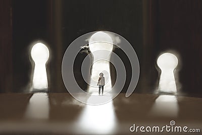 Man thinks which exit to take between multiple locks, concept of choice Stock Photo