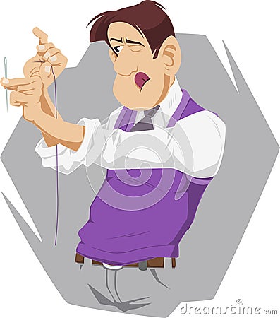 Man is threading needle. Funny people Vector Illustration