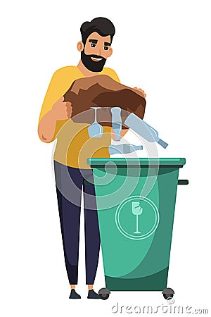 Man throw glass in garbage tank isolated on white Vector Illustration