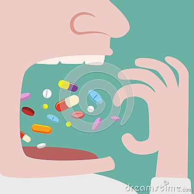 Man Throw a lot of pills in to his mouth Stock Photo