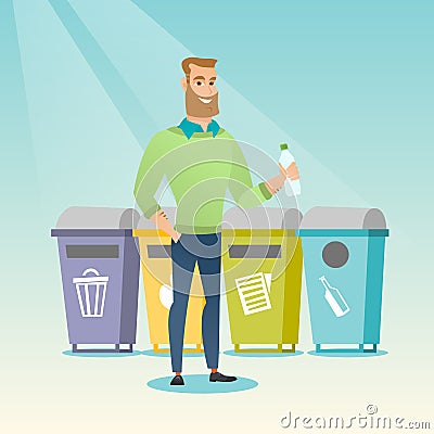 Man throwing away plastic bottle. Vector Illustration