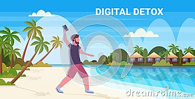 man throwing away smartphone digital detox concept guy relaxing on tropical beach abandoning gadgets Vector Illustration