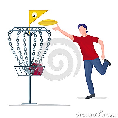 Man throwing a frisbee disc to the basket. Vector Vector Illustration