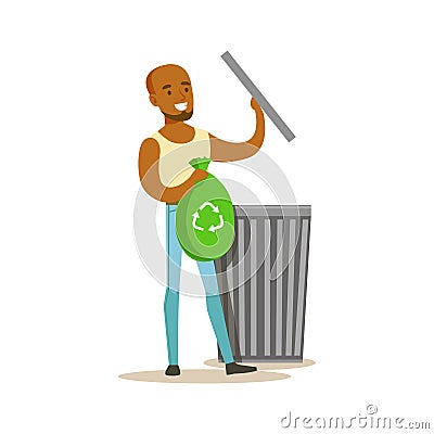 Man Throwing Waste In Recycling Bag , Contributing Into Environment Preservation By Using Eco-Friendly Ways Illustration Vector Illustration