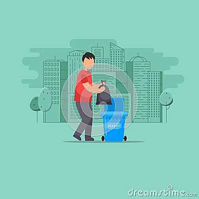 Man throws garbage in the trash Cartoon Illustration