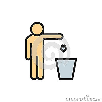 Man throws out waste, trash flat color line icon. Vector Illustration