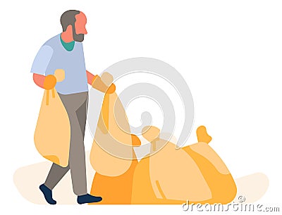 Man throws plastic bags to pile. Garbage stockpile Vector Illustration