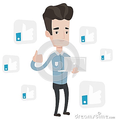 Man with thumb up and like social network buttons. Vector Illustration