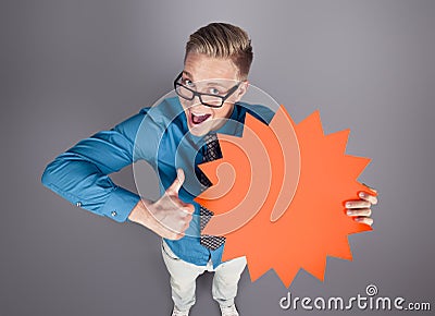 Man with thumbs up and empty sign promoting sales. Stock Photo