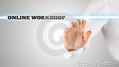 Man Ticking a Light with Online Workshop Label Stock Photo