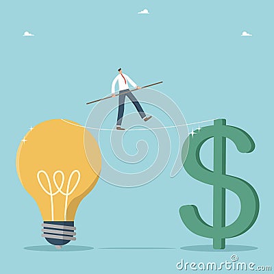 Man on tightrope walks from light bulb to dollar Vector Illustration