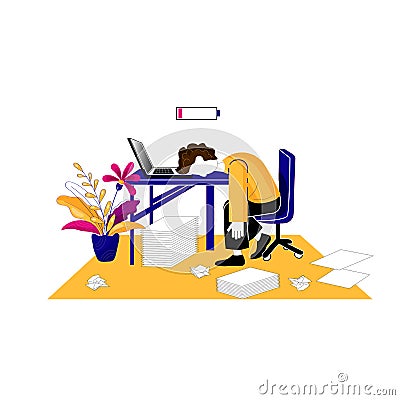 Man tired of his work. Young exhausted employee in front of laptop Vector Illustration
