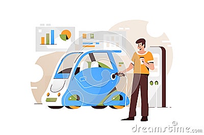 Man to refuel car at gas station. Vector Illustration