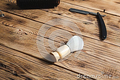 man to shave accessories on desk. Stock Photo