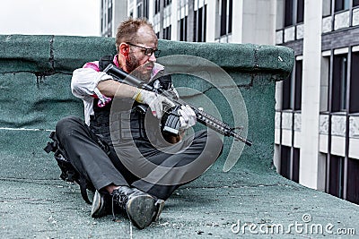 Man took aim with the pistol. Action Movie Style Stock Photo