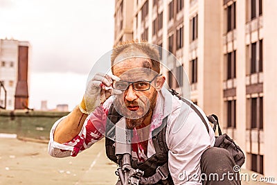 Man took aim with the pistol. Action Movie Style Stock Photo