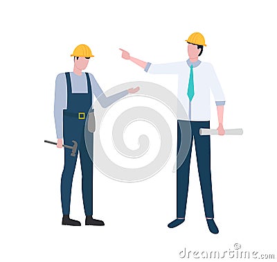 People at Work, Boss Manager and Worker with Tools Vector Illustration