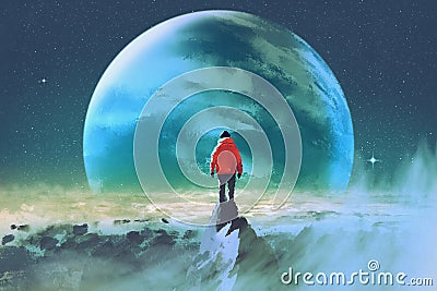 Man on top of mountain looking at another planet Cartoon Illustration