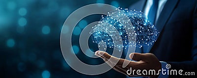 A man touches a binary cloud to store and backup data. Stock Photo