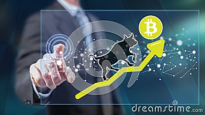 Man touching a bitcoin bullish trend concept Stock Photo