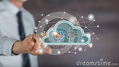 Man touching a cloud networking concept Stock Photo