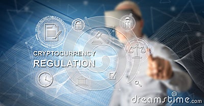 Man touching a cryptocurrency regulation concept Stock Photo