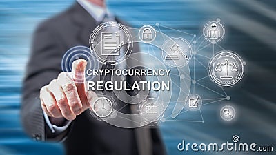 Man touching a cryptocurrency regulation concept Stock Photo