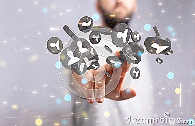 Man touching 3D-rendered human icons with his fingers - the concept of networking and communication Stock Photo