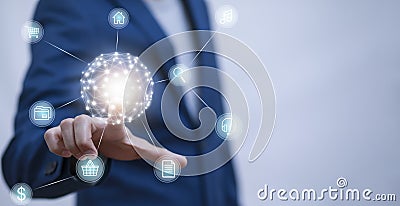Man touching global network and data exchanges over the world 3D rendering, Metaverse and digital world online network Business co Stock Photo