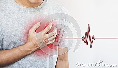 A man touching his heart, with heart pulse sign. Heart attack, and others heart disease Stock Photo