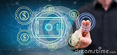Man touching a secure money transfer concept Stock Photo
