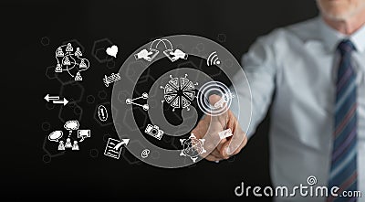 Man touching share symbols on a touch screen Stock Photo