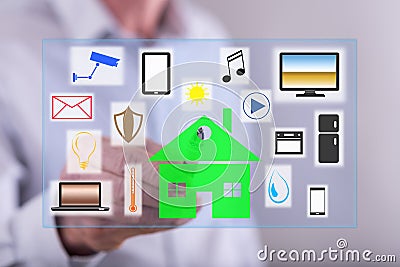 Man touching a smart home concept on a touch screen Stock Photo