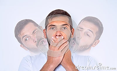 Man with Tourette syndrome, TS or nervous system problem. Man making tics, sudden twitches, movements, or sounds Stock Photo