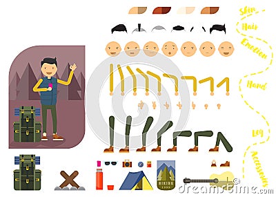 Man tourist constructor. Hiking Man with phone and backpack. Separate part of male person. Icons with different emotions on face. Vector Illustration