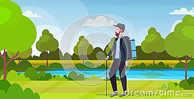 Man tourist hiker with backpack holding stick trekking hiking concept traveler on hike beautiful river landscape Vector Illustration